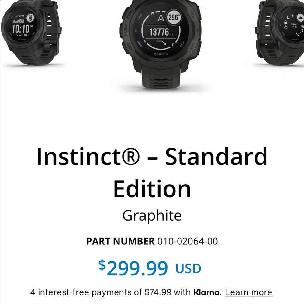 Garmin Rugged GPS Smart Watch, Instinct, Black